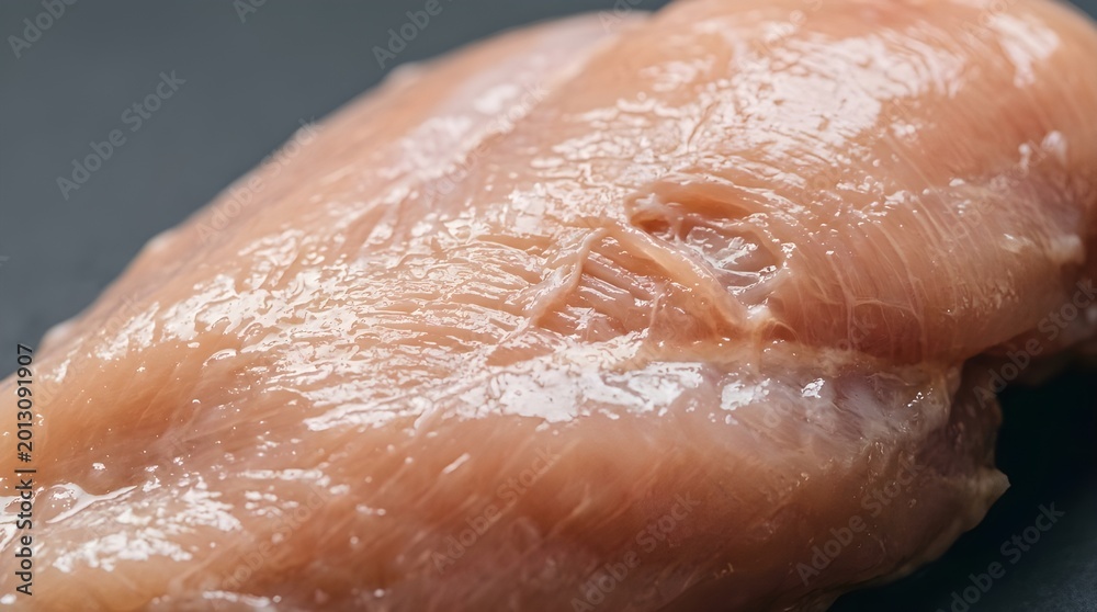 Fototapeta premium Closeup of a raw chicken breast on a dark surface, highlighting its texture and freshness