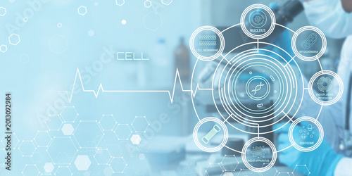 Foto Modern medical illustration showing cellular biology components with futuristic
