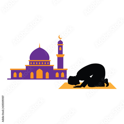 Islamic Mosque with Praying Muslim Silhouette Ramadan Kareem Vector Design