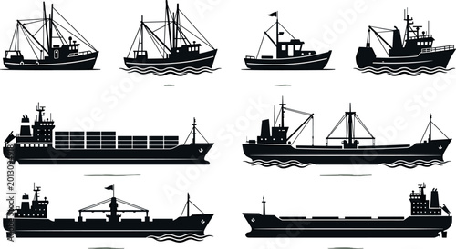 Schilderij op canvas Ship Silhouette Collection Set with Fishing Trawler Cargo Container Vessel Tanke