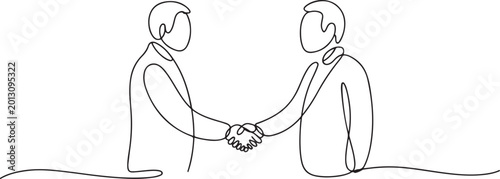 Foto One continuous single drawn art line minimalism doodle hand handshake of two politicians diplomats businessmen, conclusion of an agreement, contract, deal