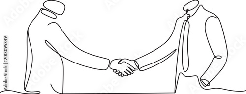 Foto One continuous single drawn art line minimalism doodle hand handshake of two politicians diplomats businessmen, conclusion of an agreement, contract, deal
