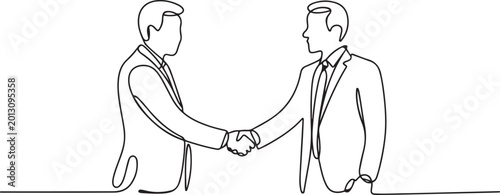 Foto One continuous single drawn art line minimalism doodle hand handshake of two politicians diplomats businessmen, conclusion of an agreement, contract, deal