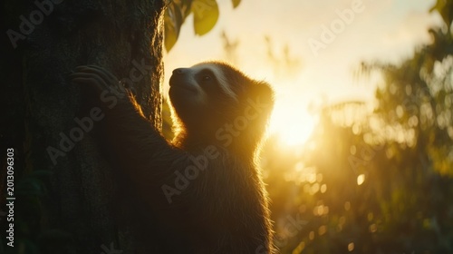 Silhouette of a Young Panda Climbing Tree at Sunset in Nature
