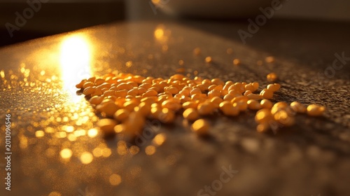 Shimmering Yellow Seeds on a Wooden Surface in Soft Morning Light