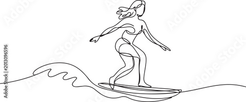 Canvas Print surfing sport continuous line illustration of woman