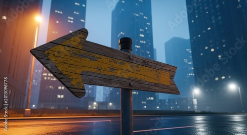 Weathered wooden arrow sign pointing left in urban night scene