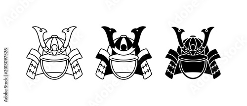 Cuadro en lienzo Samurai Helmet Icons, Japanese Warrior Armor Symbols, Traditional Kabuto Vector