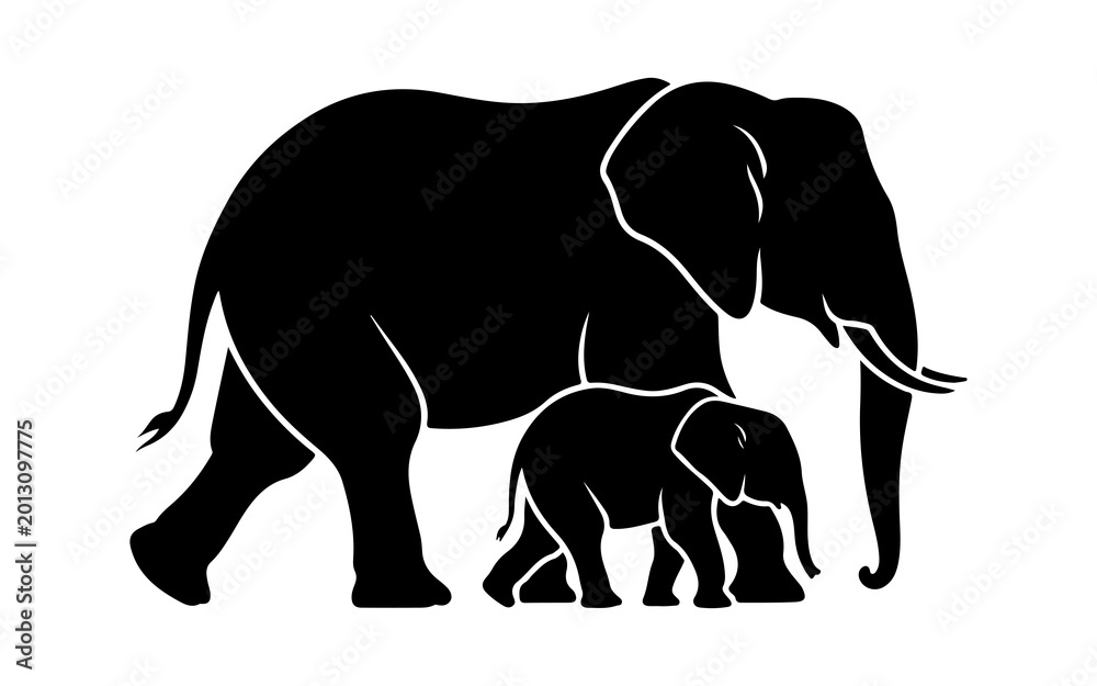 Obraz premium Silhouette of an adult mother elephant walking together with a baby calf