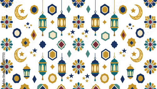 Seamless Ramadan Kareem Decorative Pattern with Islamic Lanterns Stars and Floral Motifs Vector
