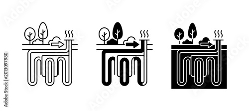 Geothermal Energy System Icons, Ground Heat Exchange Loops, Sustainable HVAC Technology, Renewable Power Generation