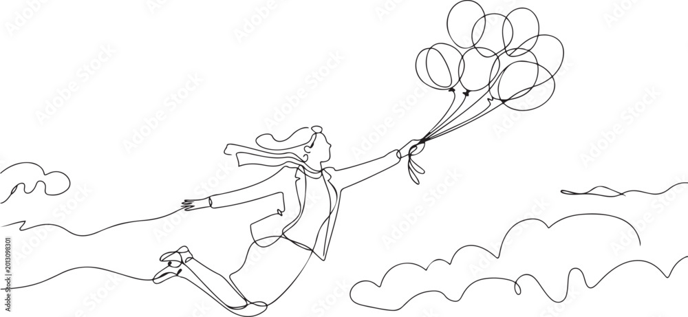 Fototapeta premium Continuous one line drawing happy wealthy businesswoman flying with balloon air in the sky. Office worker achieve financial independence. one line icon drawing vector