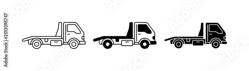Slika na platnu Flatbed Tow Truck Icons, Vehicle Transport Vector Set, Automotive Service Graphi