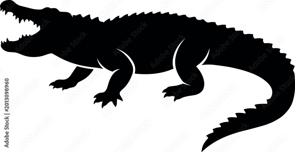 Obraz premium Aggressive Crocodile Alligator Silhouette with Open Mouth for Wildlife Reptile Predator Logo and Animal Vector Design Illustration