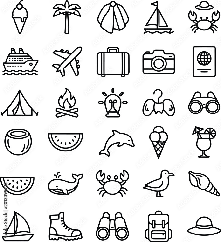 Obraz premium Summer Vacation Icons Set Line Art Style