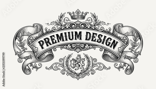 Bilde på lerret Intricate black and white ornate emblem featuring a central crest with lion, surrounded by symmetrical floral scrolls and a decorative banner with the text Premium Design set against a light beige