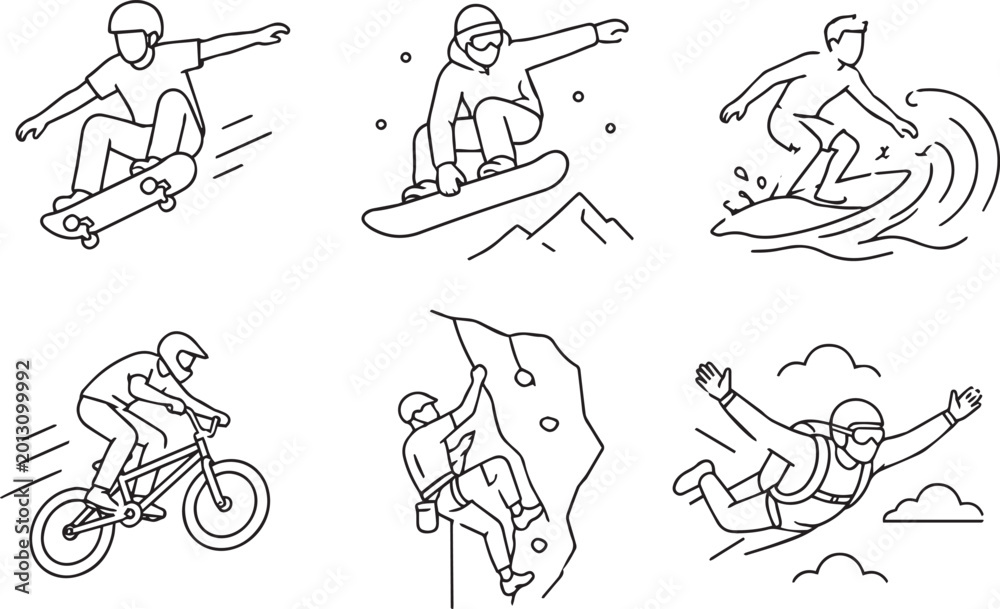 Fototapeta premium Extreme Sports Action Vector Line Art Icons