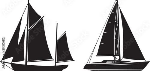 A striking black silhouette of a sailboat with two prominent masts and sails against a white background silhouette