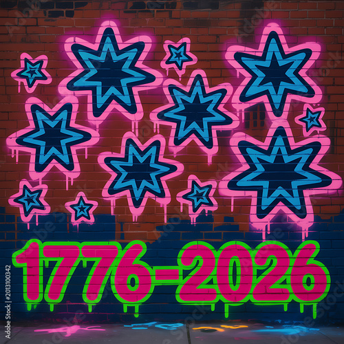 Vibrant 1776-2026 Graffiti Mural with Starbursts on Brick Wall