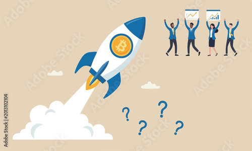 Billede på lærred cryptocurrency mountain meeting teams together concept, speedy rocket ship holdi