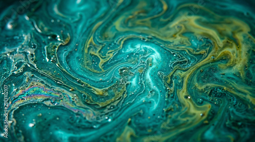 Oil spill contamination on ocean surface, toxic chemical waste swirling in water, environmental disaster macro, iridescent fluid pollution, teal and gold toxic sludge runoff.