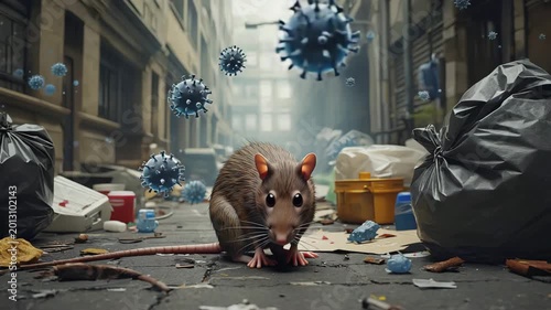Rat in the garbage in the city. Hantavirus concept.