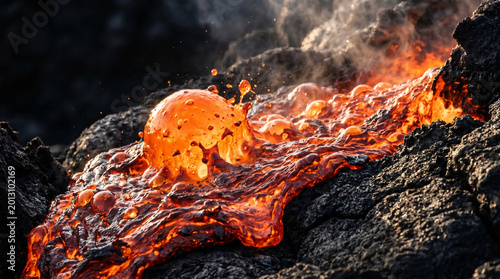 Molten lava bubbling and splashing over dark volcanic rock, intense heat from eruption, flowing glowing magma, natural disaster, geological force, fire and steam