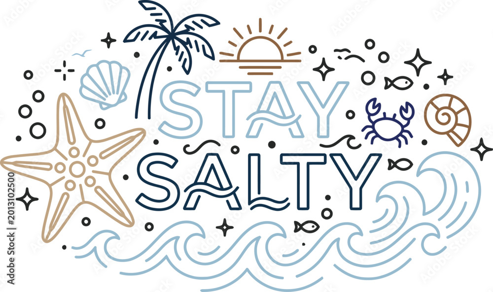 Fototapeta premium Summer beach illustration with lettering and marine life silhouette
