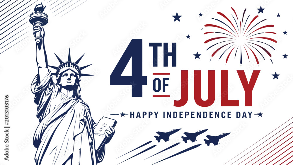 Fototapeta premium Happy independence day illustration with statue of liberty and fireworks