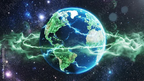 Glowing Green Digital Earth with Energy Network and Cosmic Nebula - Abstract Global Connection Background Loop