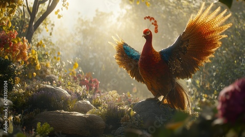 Majestic Colorful Bird Spreading Wings in Enchanted Nature Scene