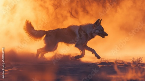 Majestic Canine Running Through Golden Mist at Sunset