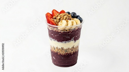 Layered açaí bowl with granola banana strawberries blueberries in a clear