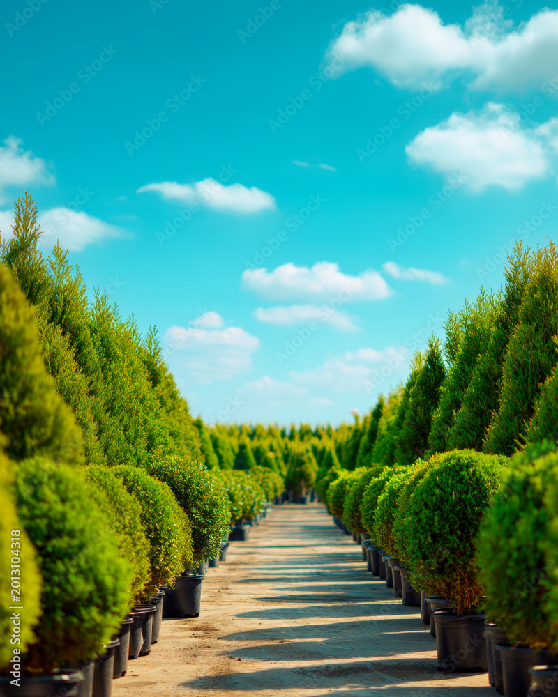 Fototapeta premium Rows of Green Nursery Plants Under Blue Sky for Garden Center