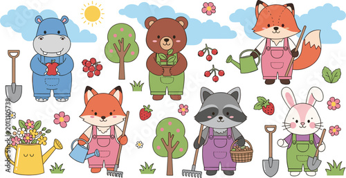 Bild auf Leinwand Cute forest animals gardening vector set with bear fox raccoon hippo and bunny c