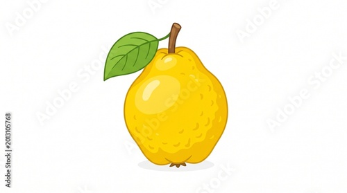Vibrant Cartoon Yellow Quince Fruit with Green Leaf and Stem