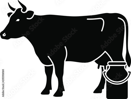 Schilderij op canvas Silhouette of a dairy cow with a milk churn black and white background