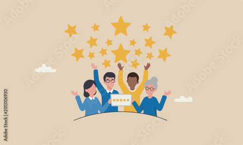 Customer loyalty, satisfaction giving 5 stars rating feedback, best user experience or trust to use service again concept, various customer people giving 5 stars review for quality service
