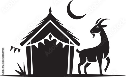 Konstfotografi Minimalist black vector illustration of a goat standing beside a decorated tent-like structure with bunting under a crescent moon, representing traditional festivities or Eid al-Adha