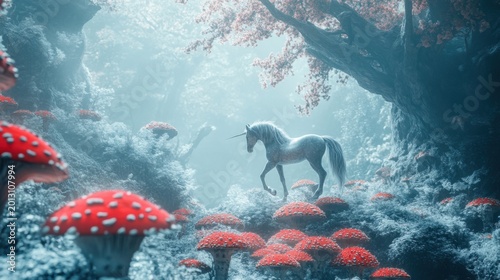 Magical Unicorn in Enchanted Forest with Vibrant Red Mushrooms