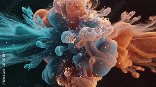 Dynamic Ink Cloud Collision with Sparkling Particles Abstract Background