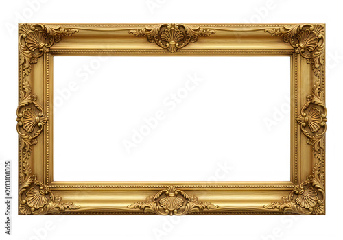 Ornate gold picture frame with intricate designs isolated on transparent background