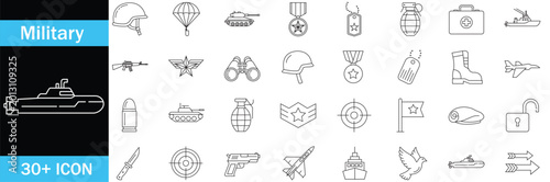 Bild auf Leinwand Military outline vector icons sheet, army defense, combat equipment and tactical