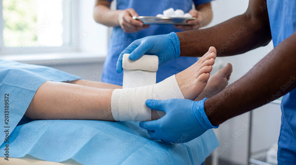 Obraz premium Medical professional applies a sterile bandage to a patient's injured ankle in a clinic. Essential first aid and medical care