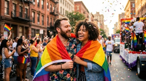 A joyful LGBTQ+ couple wrapped in a rainbow flag celebrating Pride Month at a sunny street parade with confetti.