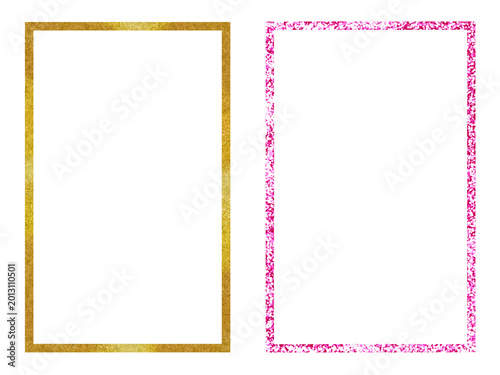 Set of shiny gold and pink glitter rectangular frames on a transparent background. Graphic resources ideal for invitations.