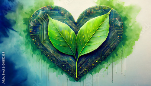 Green Heart with Electronic Circuitry and Sprouting Leaves