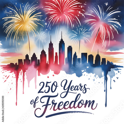 Celebrate 250 Years of Freedom with a Watercolor Painting of Fireworks Over a City Skyline