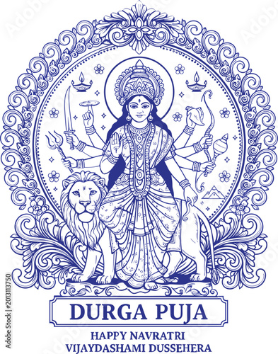 Durga Puja Happy Navratri Vijayadashami Dussehra Blue Line Art Goddess with Lion Design