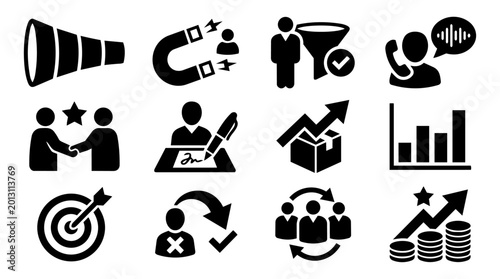 Foto Sales Pipeline Silhouette Icon Set – Lead Generation, Deal Closing, Revenue Grow